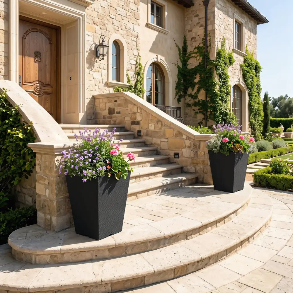 Set of 2 Square Taper Planter with Optional Drainage Hole and Removable Inner Bucket-Black - Black - Raised Garden Beds