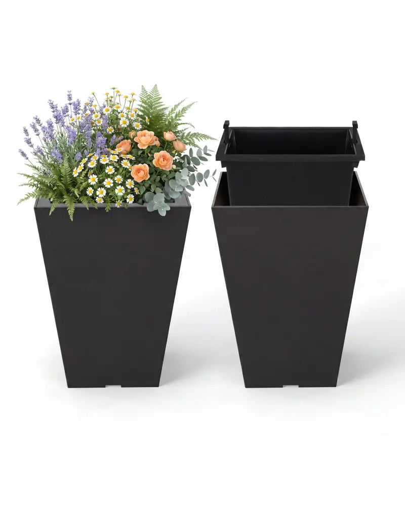 Set of 2 Square Taper Planter with Optional Drainage Hole and Removable Inner Bucket-Black - Black - Raised Garden Beds