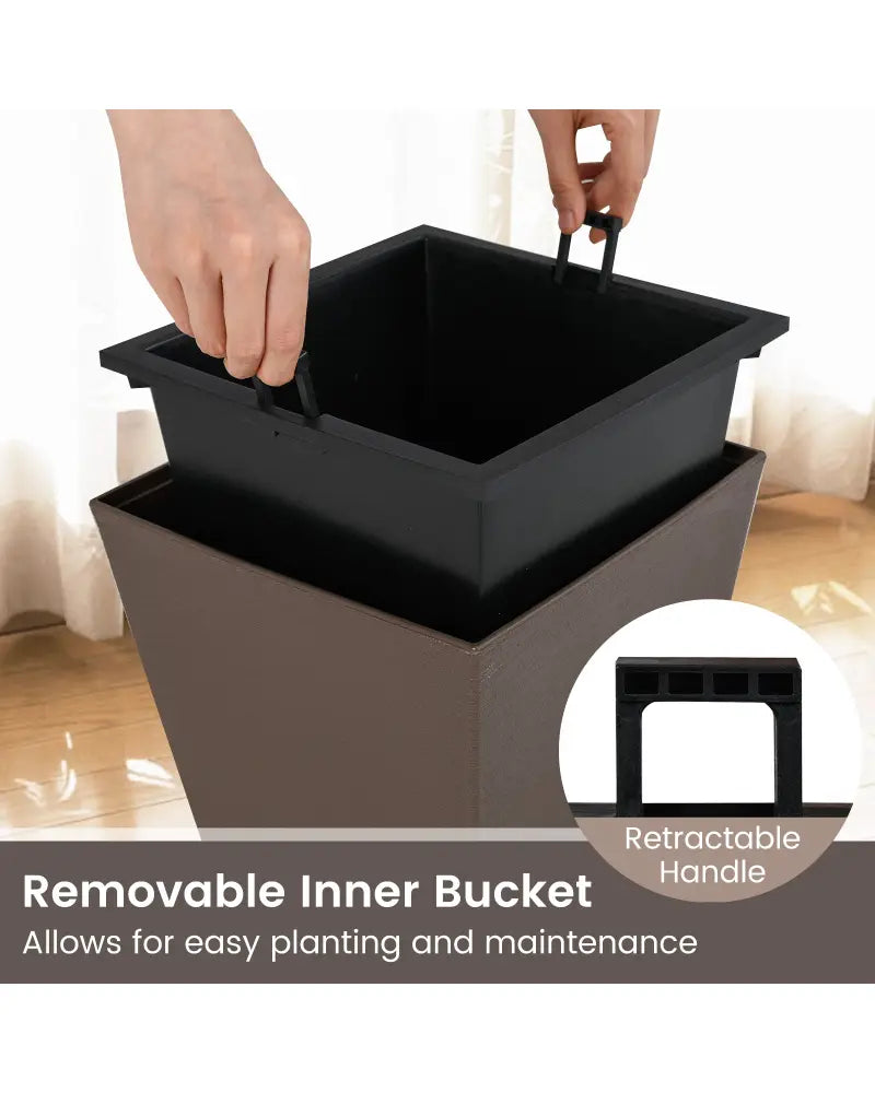 Set of 2 Square Taper Planter with Removable Inner Bucket and Optional Drainage Hole-S - Brown - Raised Garden Beds