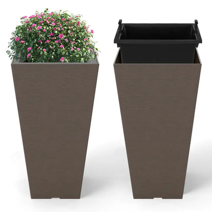 Set of 2 Square Taper Planter with Removable Inner Bucket and Optional Drainage Hole-M - Brown - Raised Garden Beds