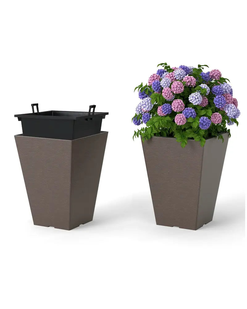 Set of 2 Square Taper Planter with Removable Inner Bucket and Optional Drainage Hole-S - Brown - Raised Garden Beds