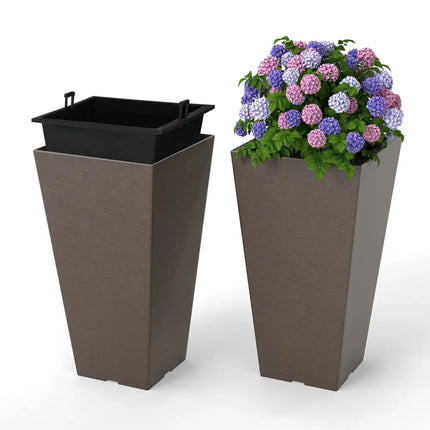 Set of 2 Square Taper Planter with Removable Inner Bucket and Optional Drainage Hole-M - Brown - Raised Garden Beds