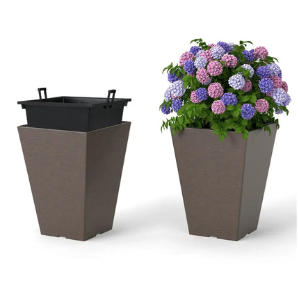 Set of 2 Square Taper Planter with Removable Inner Bucket and Optional Drainage Hole-S - Brown - Raised Garden Beds