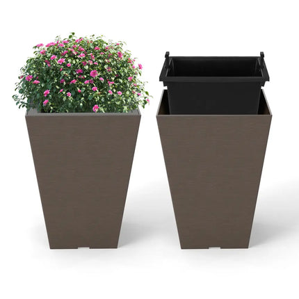 Set of 2 Square Taper Planter with Removable Inner Bucket and Optional Drainage Hole-S - Brown - Raised Garden Beds