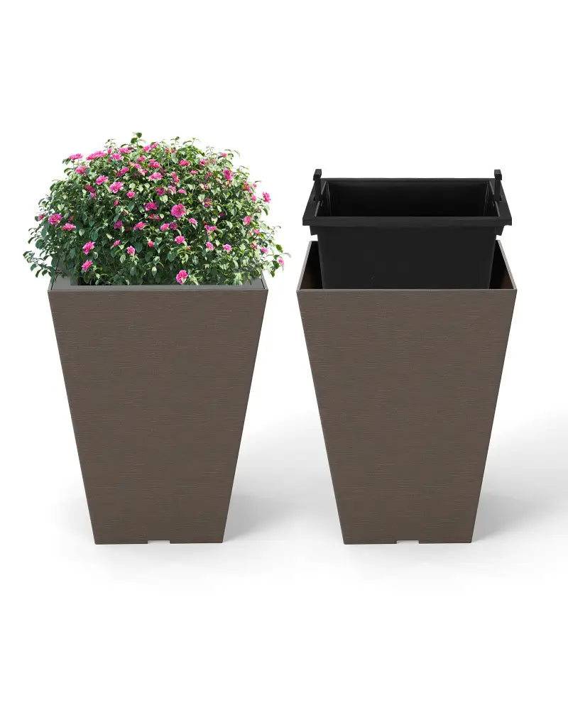Set of 2 Square Taper Planter with Removable Inner Bucket and Optional Drainage Hole-S - Brown - Raised Garden Beds