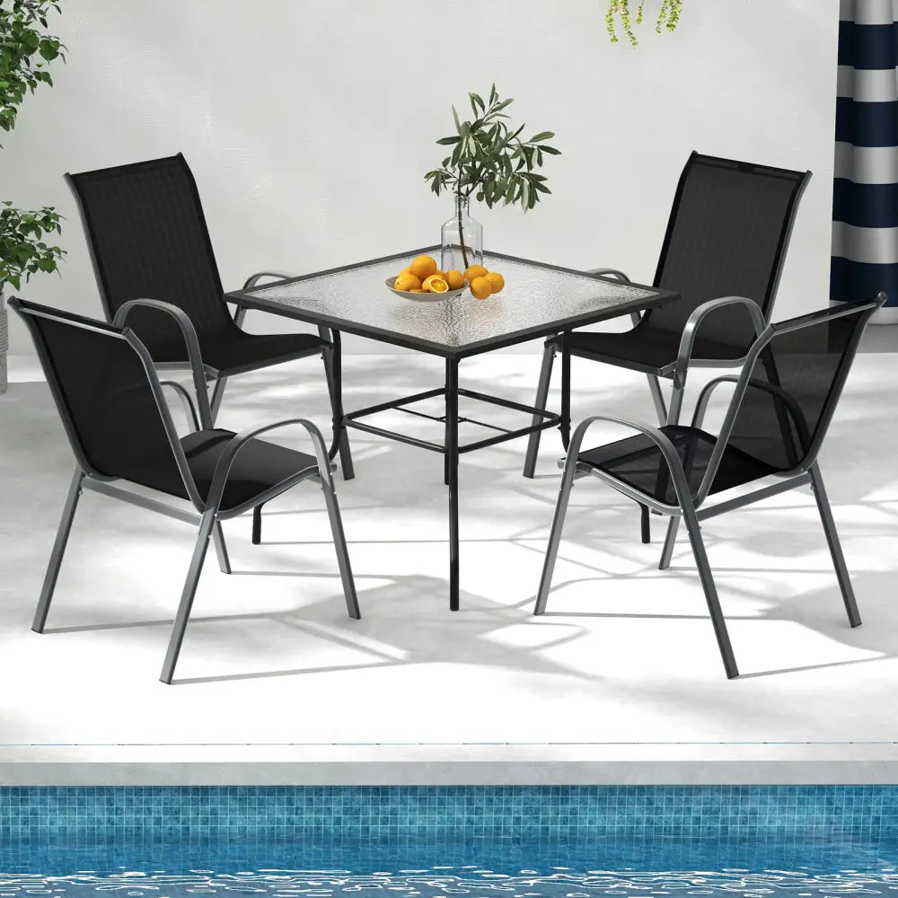 Set of 2 Stackable Patio Dining Chairs Set with Armrest-Black - Black - Patio Dining Chairs