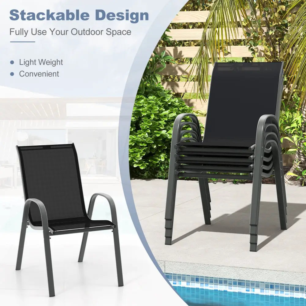 Set of 2 Stackable Patio Dining Chairs Set with Armrest-Black - Black - Patio Dining Chairs