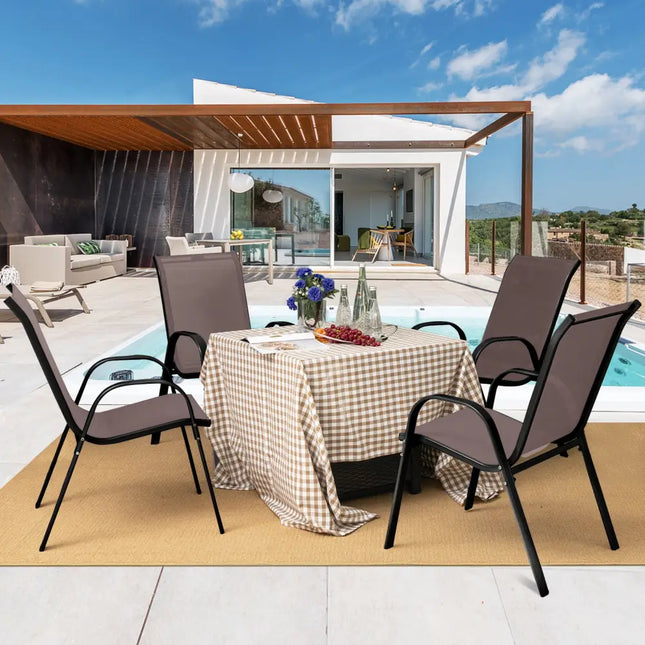 Set of 2 Stackable Patio Dining Chairs Set with Armrest-Brown - Brown - Patio Dining Chairs