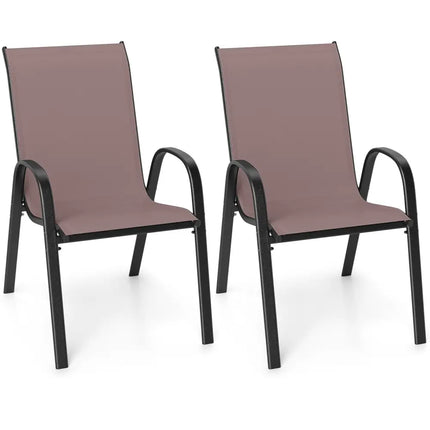 Set of 2 Stackable Patio Dining Chairs Set with Armrest-Brown - Brown - Patio Dining Chairs
