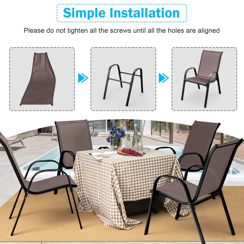 Set of 2 Stackable Patio Dining Chairs Set with Armrest-Brown - Brown - Patio Dining Chairs