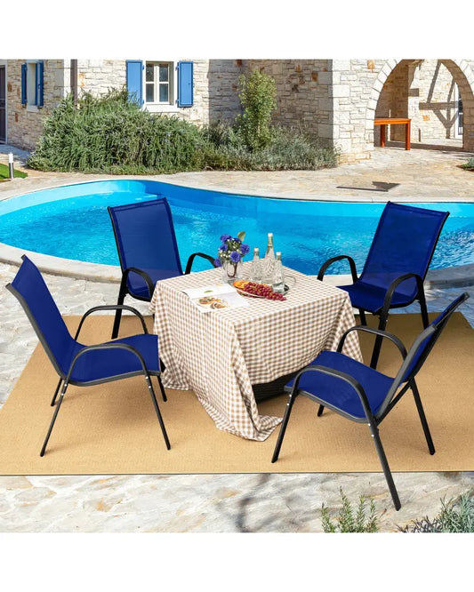 Set of 2 Stackable Patio Dining Chairs Set with Armrest-Navy - Navy - Patio Dining Chairs
