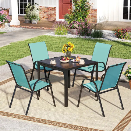 Set of 2 Stackable Patio Dining Chairs Set with Armrest-Turquoise - Turquoise - Patio Dining Chairs