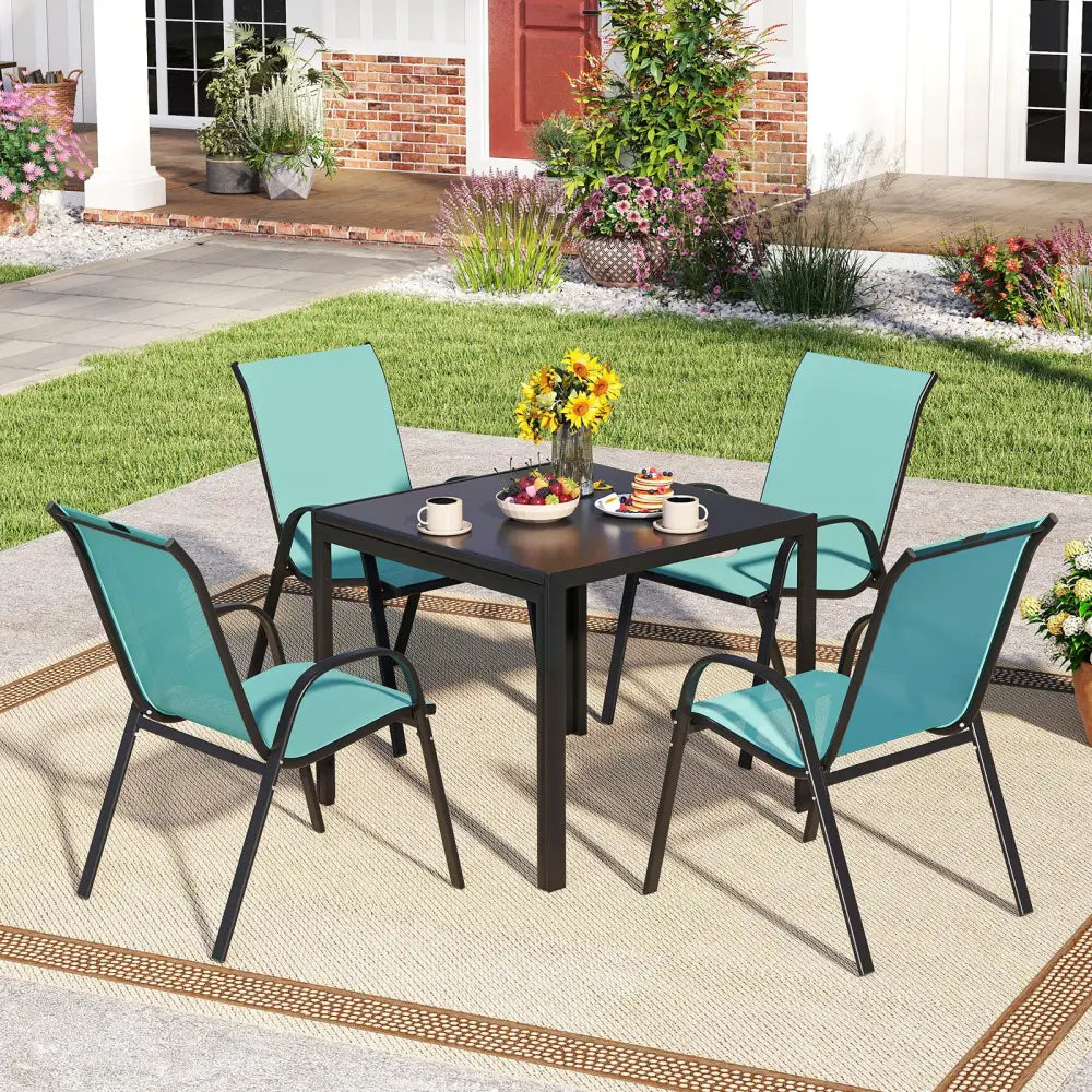 Set of 2 Stackable Patio Dining Chairs Set with Armrest-Turquoise - Turquoise - Patio Dining Chairs