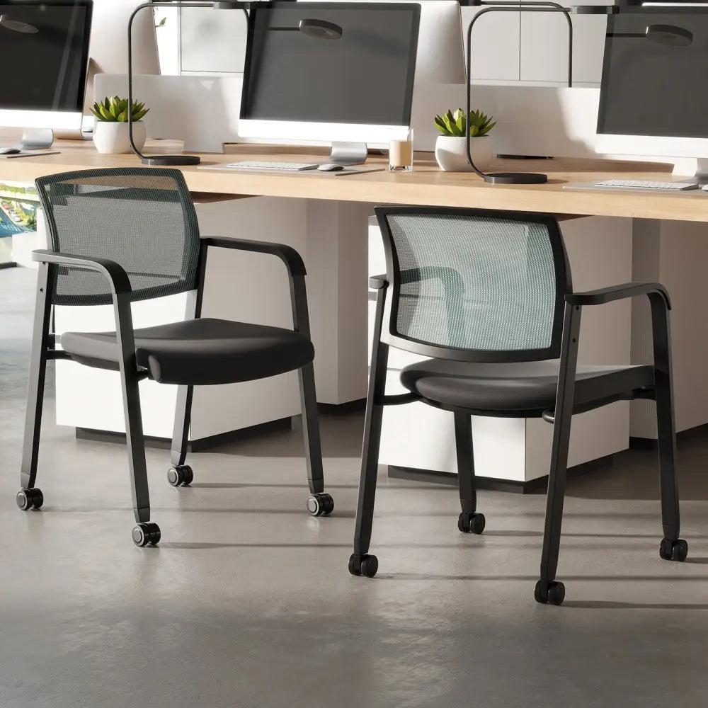 Set of 2 Stackable Rolling Office Chairs with Mesh Backrest-Gray - Gray - Conference Chairs