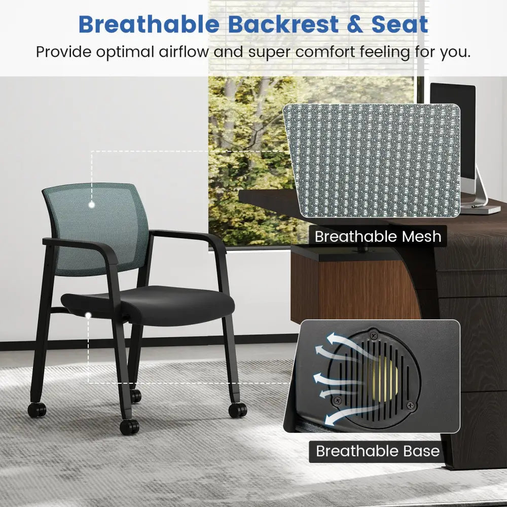 Set of 2 Stackable Rolling Office Chairs with Mesh Backrest-Gray - Gray - Conference Chairs