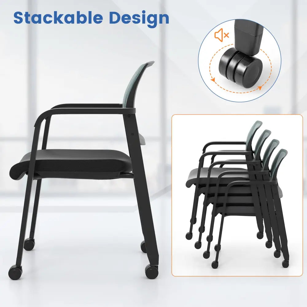 Set of 2 Stackable Rolling Office Chairs with Mesh Backrest-Gray - Gray - Conference Chairs