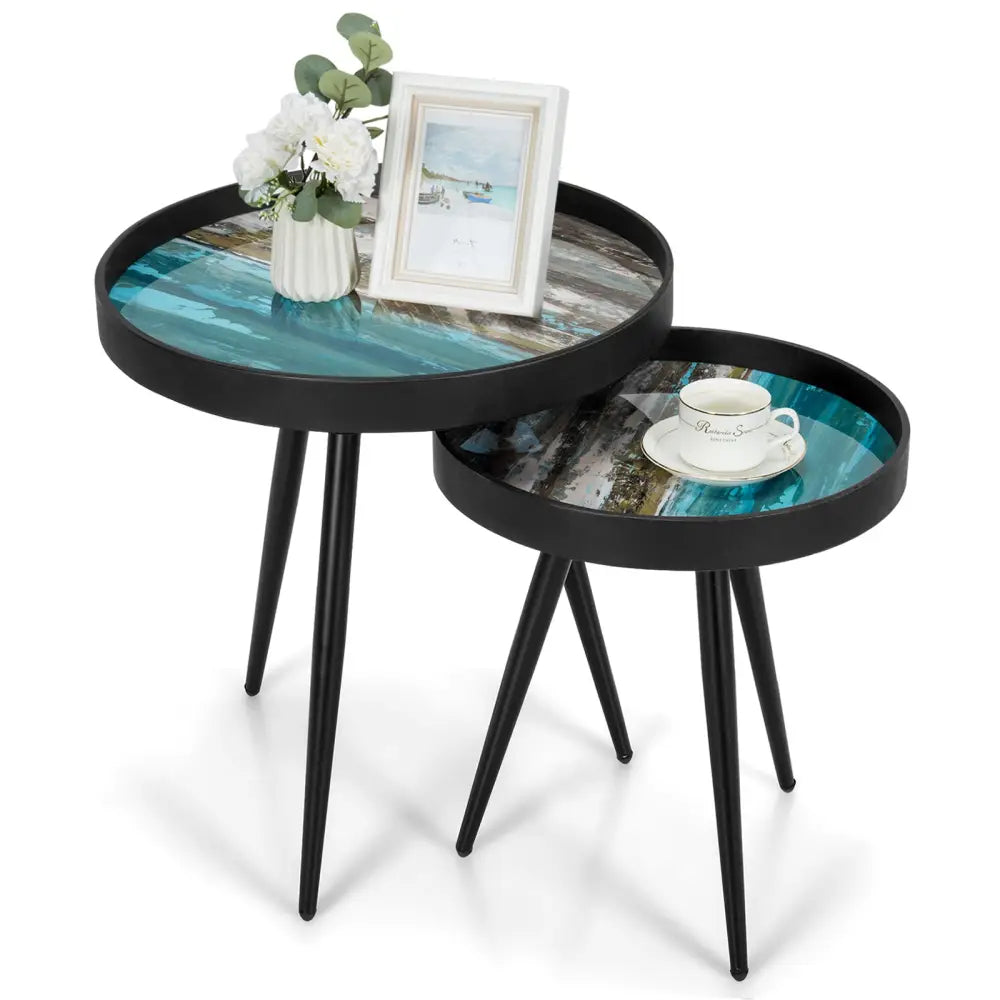 Set of 2 Stylish Nesting End Tables with Wooden Tray Top and Steel Legs-Black - Black - Coffee Tables