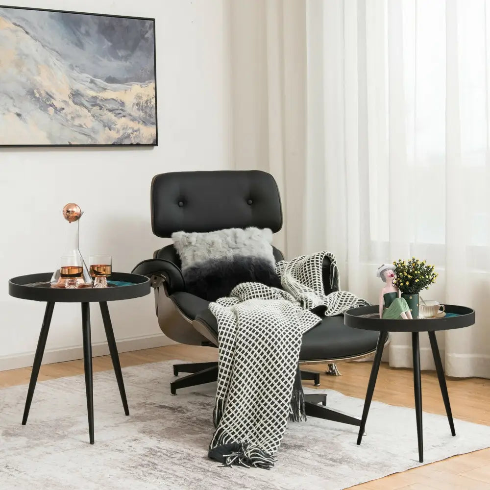 Set of 2 Stylish Nesting End Tables with Wooden Tray Top and Steel Legs-Black - Black - Coffee Tables