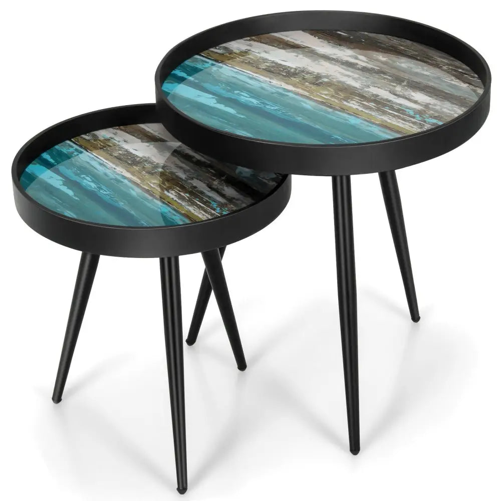 Set of 2 Stylish Nesting End Tables with Wooden Tray Top and Steel Legs-Black - Black - Coffee Tables