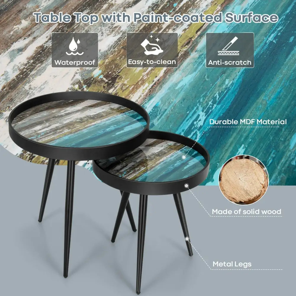 Set of 2 Stylish Nesting End Tables with Wooden Tray Top and Steel Legs-Black - Black - Coffee Tables