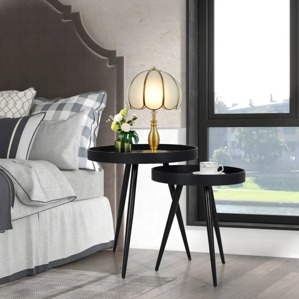 Set of 2 Stylish Nesting End Tables with Wooden Tray Top and Steel Legs-Black - Black - Coffee Tables