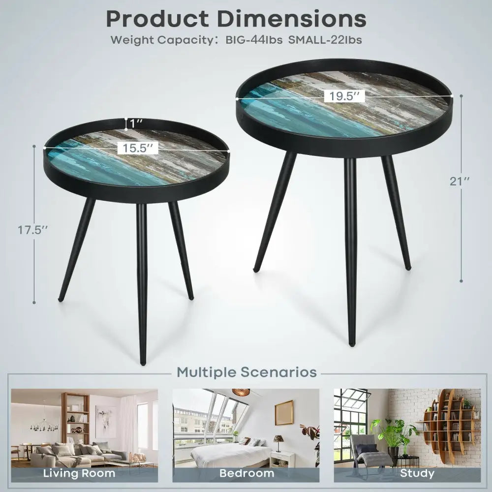 Set of 2 Stylish Nesting End Tables with Wooden Tray Top and Steel Legs-Black - Black - Coffee Tables