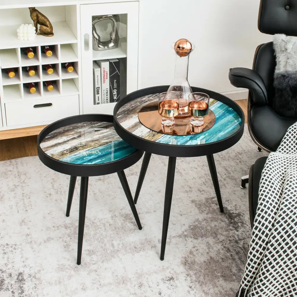 Set of 2 Stylish Nesting End Tables with Wooden Tray Top and Steel Legs-Black - Black - Coffee Tables
