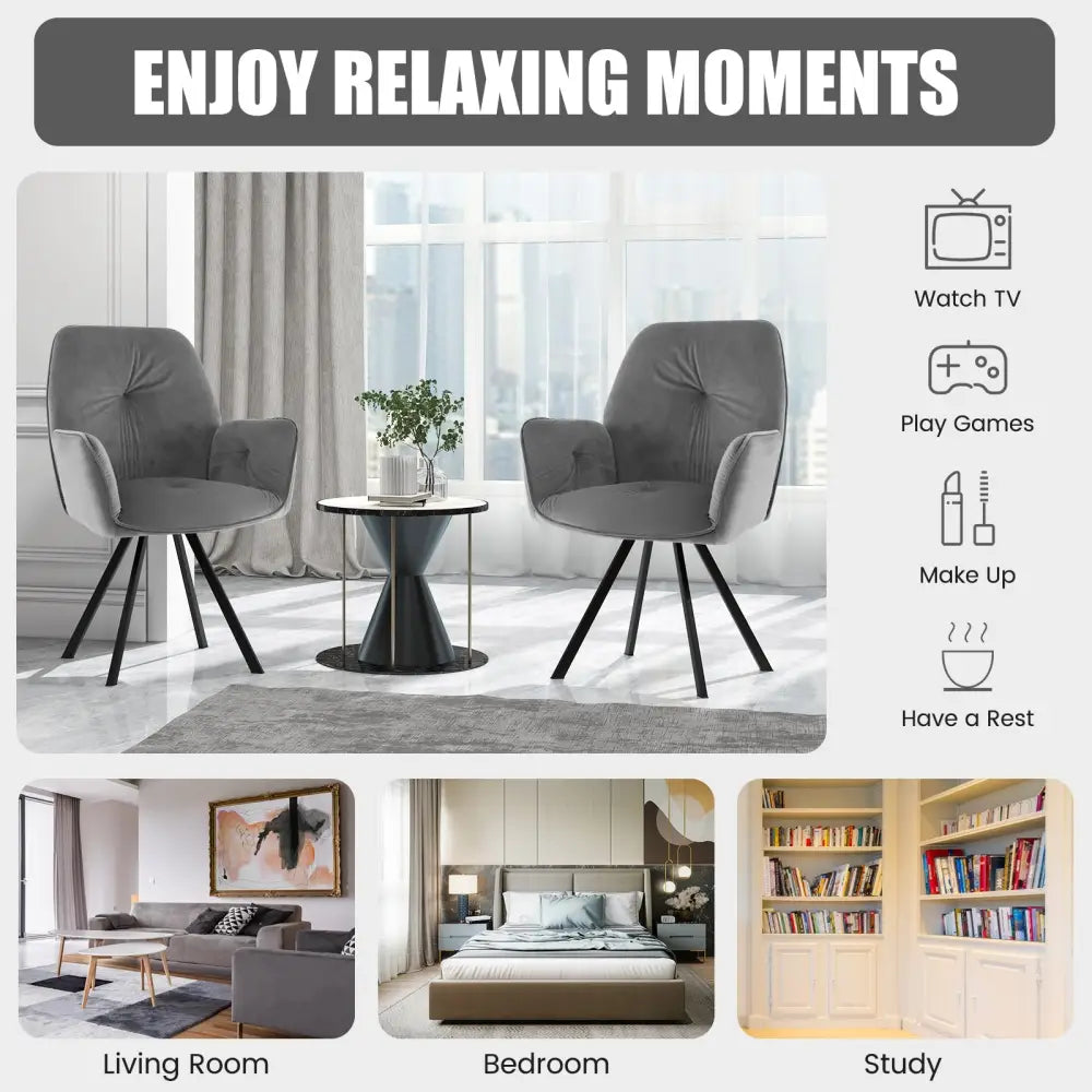 Set of 2 Swivel Accent Arm Chairs with Metal Legs and Wide Back-Gray - Gray - Accent Chairs