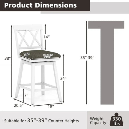 Set of 2 Swivel Bar Stools Counter Height Barstools with Backrest Upholstered Seat Cushion-24 inches - Bar Stools