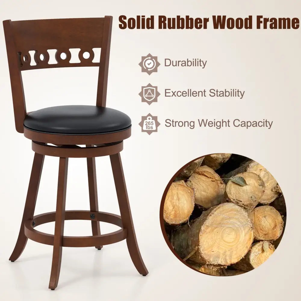 Set of 2 Swivel Bar Stools with Rubber Wood Frame-24.5 inches - Brown - Bar Stools