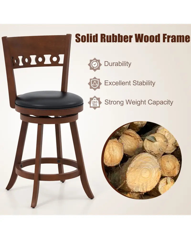 Set of 2 Swivel Bar Stools with Rubber Wood Frame-24.5 inches - Brown - Bar Stools