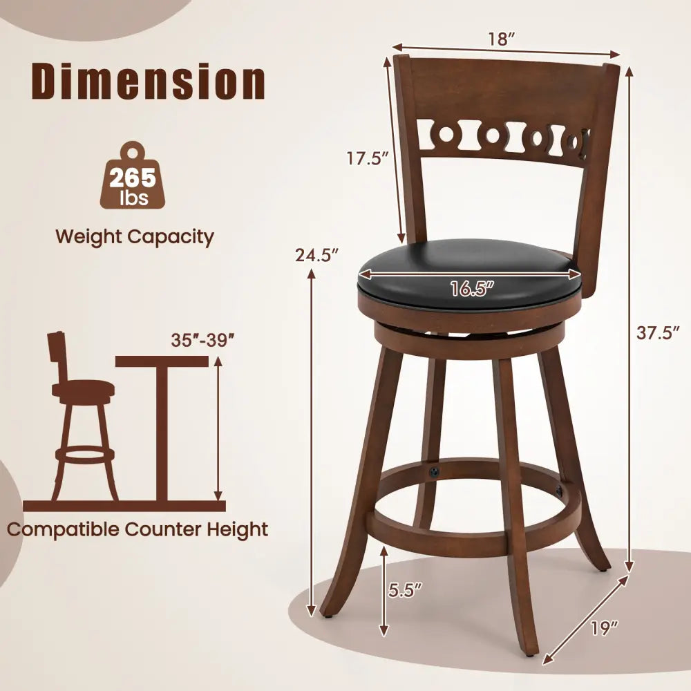 Set of 2 Swivel Bar Stools with Rubber Wood Frame-24.5 inches - Brown - Bar Stools