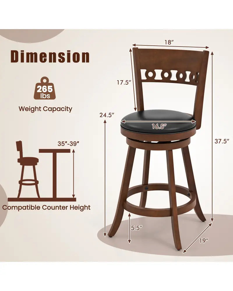 Set of 2 Swivel Bar Stools with Rubber Wood Frame-24.5 inches - Brown - Bar Stools