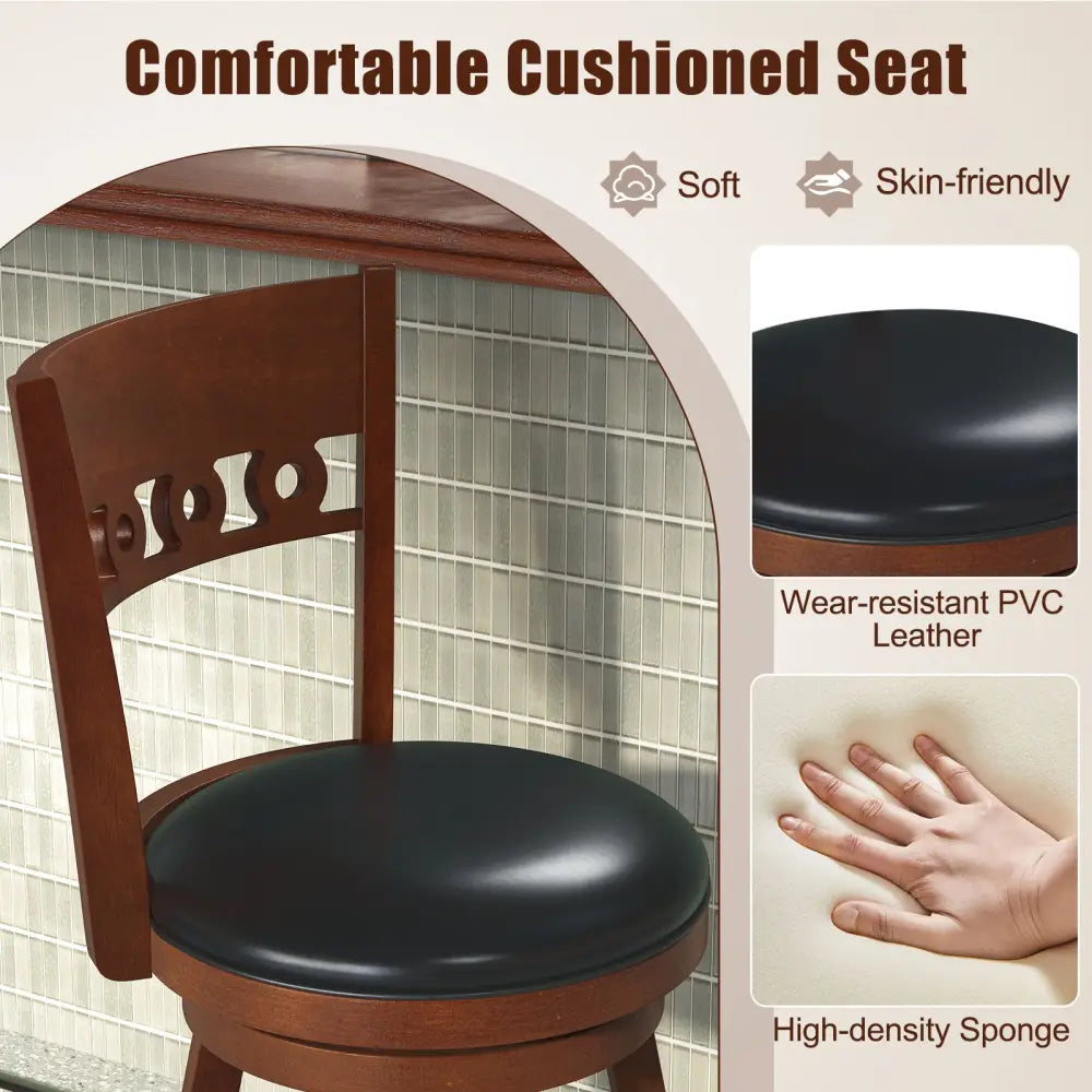 Set of 2 Swivel Bar Stools with Rubber Wood Frame-24.5 inches - Brown - Bar Stools