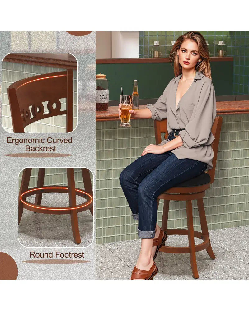 Set of 2 Swivel Bar Stools with Rubber Wood Frame-24.5 inches - Brown - Bar Stools