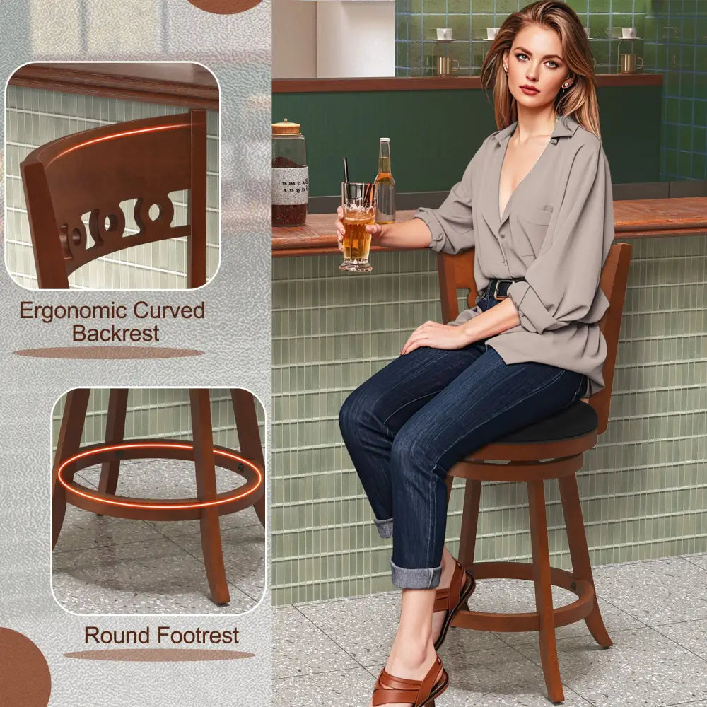 Set of 2 Swivel Bar Stools with Rubber Wood Frame-24.5 inches - Brown - Bar Stools