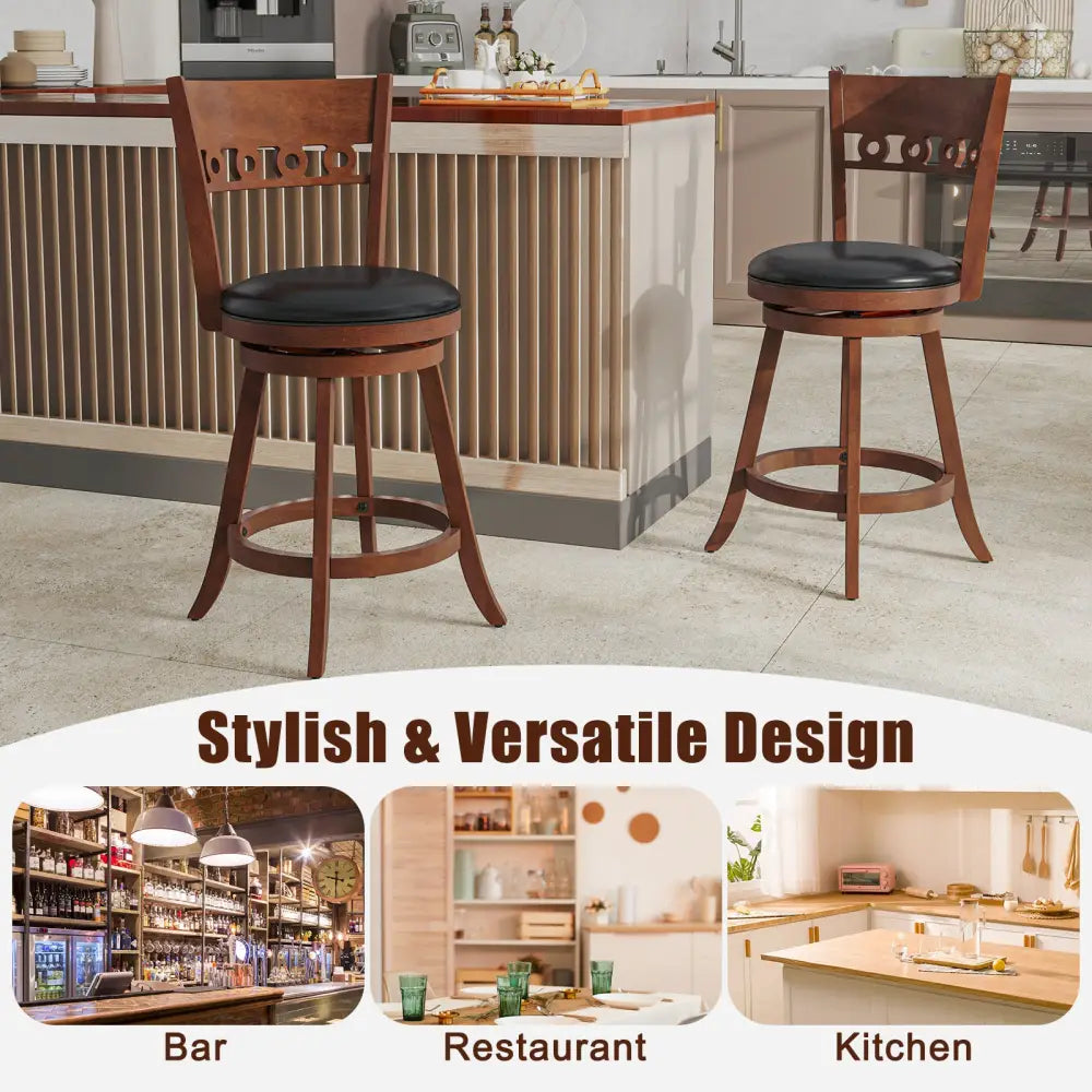 Set of 2 Swivel Bar Stools with Rubber Wood Frame-24.5 inches - Brown - Bar Stools