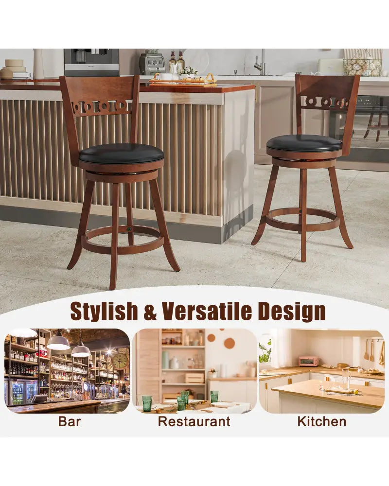 Set of 2 Swivel Bar Stools with Rubber Wood Frame-24.5 inches - Brown - Bar Stools