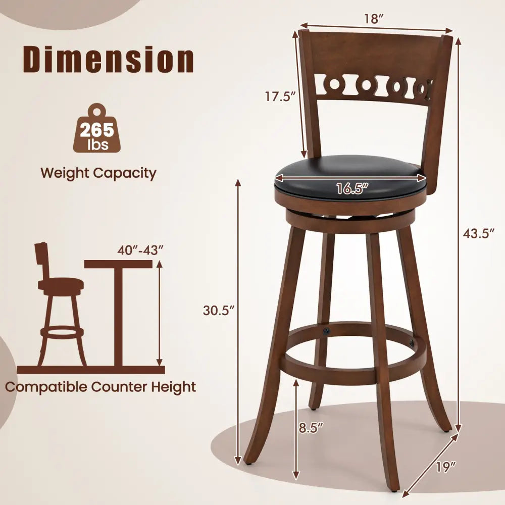 Set of 2 Swivel Bar Stools with Rubber Wood Frame-30.5 inches - Brown - Bar Stools