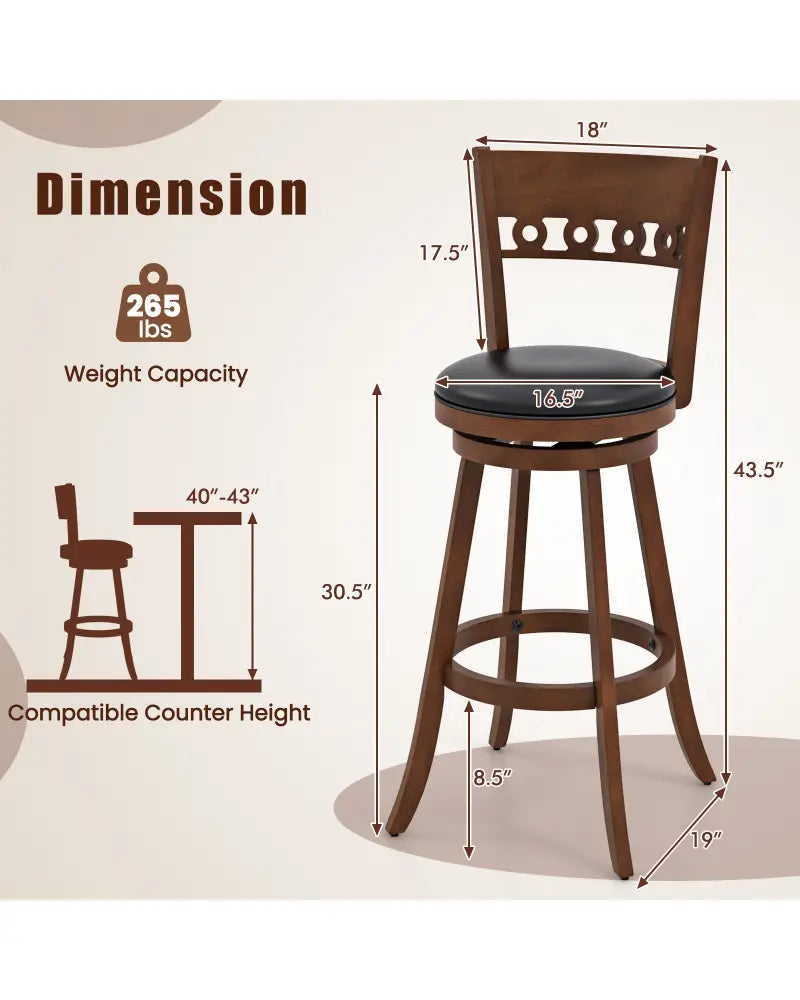 Set of 2 Swivel Bar Stools with Rubber Wood Frame-30.5 inches - Brown - Bar Stools