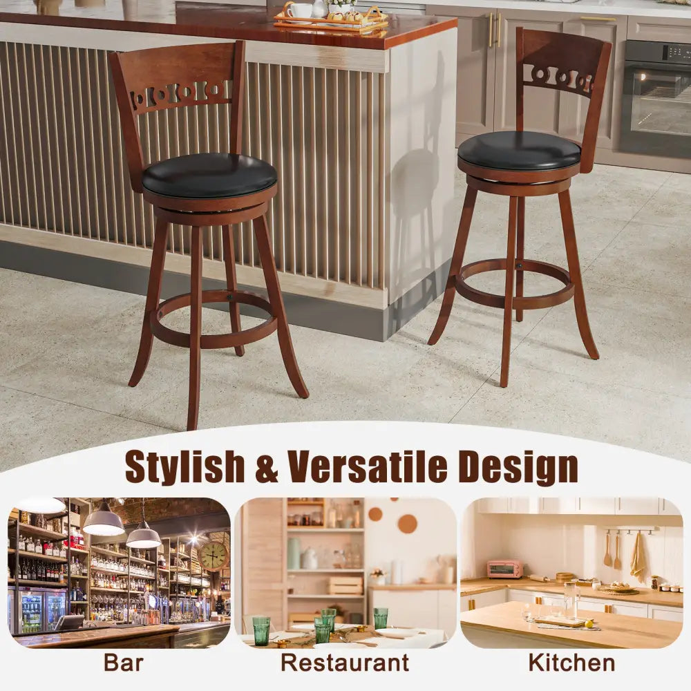 Set of 2 Swivel Bar Stools with Rubber Wood Frame-30.5 inches - Brown - Bar Stools