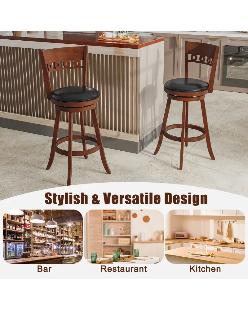 Set of 2 Swivel Bar Stools with Rubber Wood Frame-30.5 inches - Brown - Bar Stools