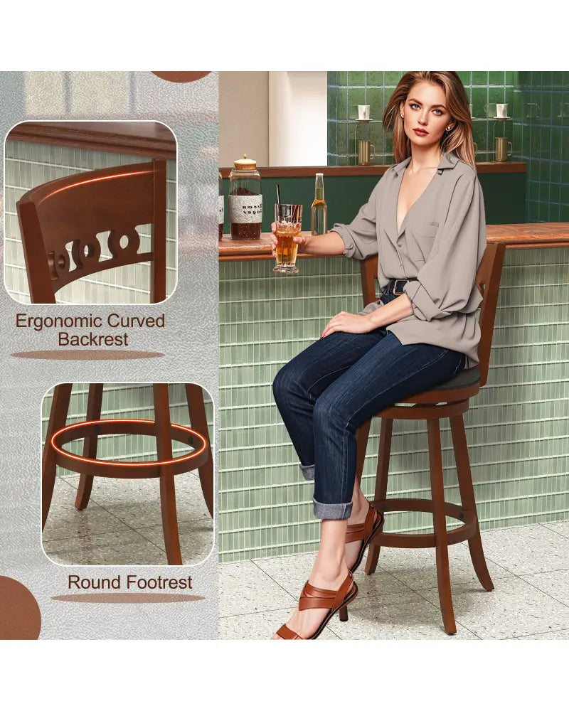 Set of 2 Swivel Bar Stools with Rubber Wood Frame-30.5 inches - Brown - Bar Stools