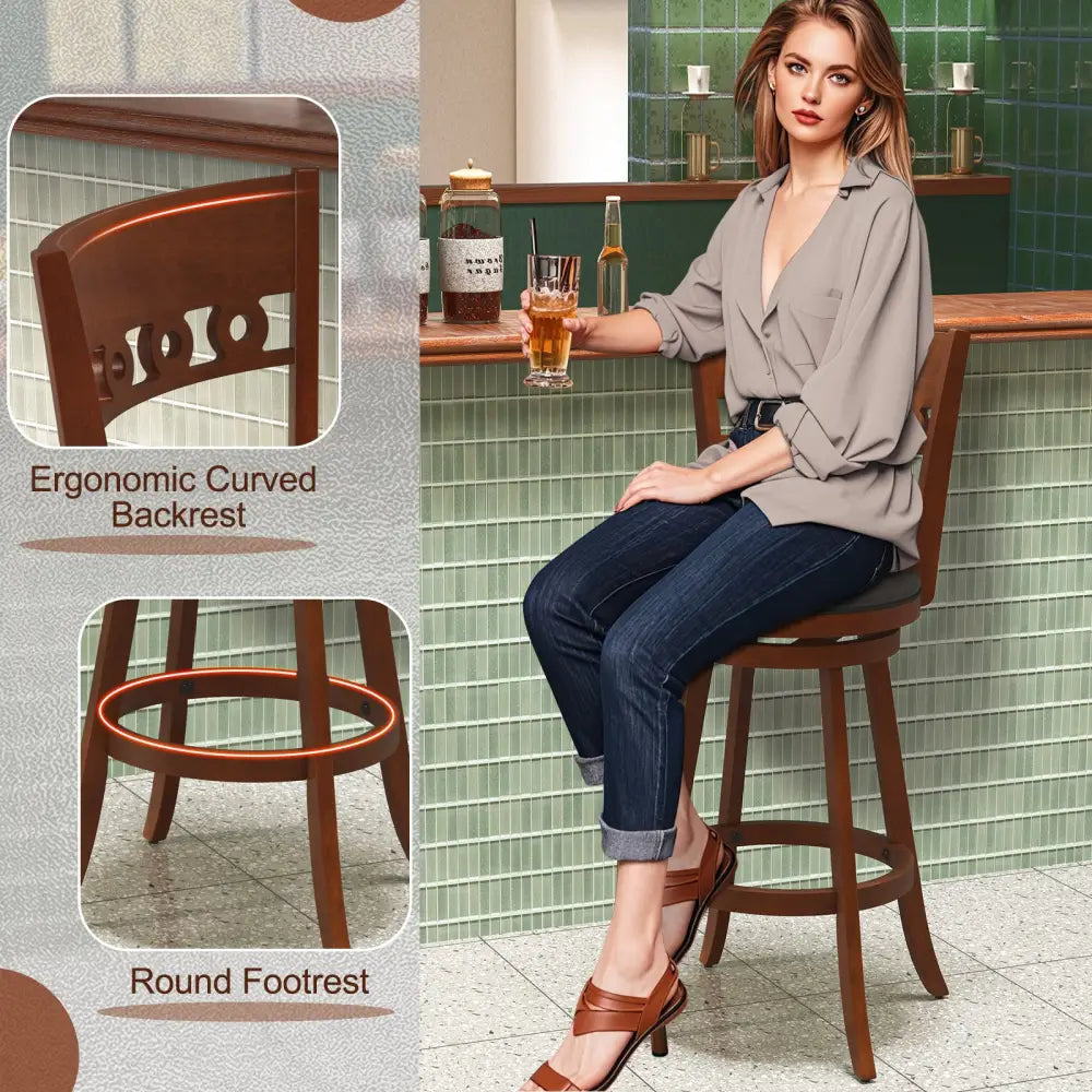 Set of 2 Swivel Bar Stools with Rubber Wood Frame-30.5 inches - Brown - Bar Stools