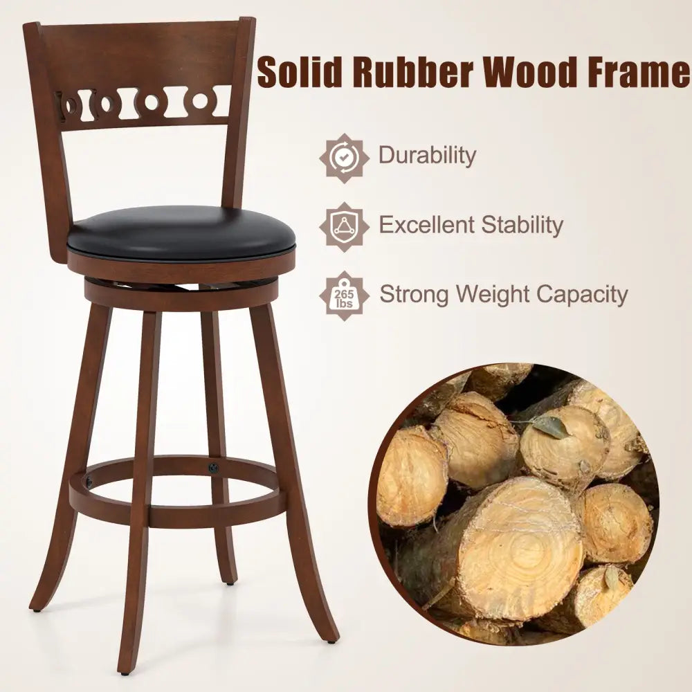 Set of 2 Swivel Bar Stools with Rubber Wood Frame-30.5 inches - Brown - Bar Stools