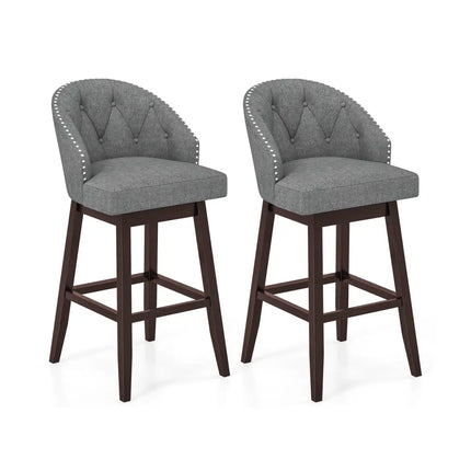 Set of 2 Swivel Bar Stools with Rubber Wood Legs and Padded Back-Gray - Gray - Bar Stools
