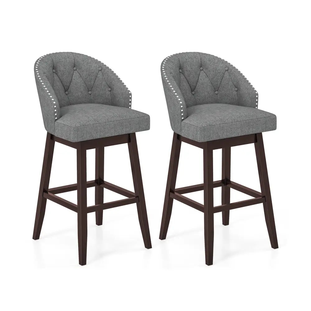 Set of 2 Swivel Bar Stools with Rubber Wood Legs and Padded Back-Gray - Gray - Bar Stools