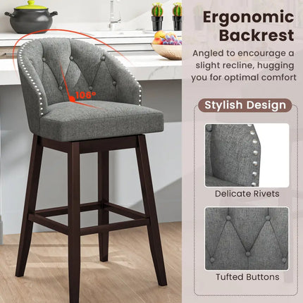 Set of 2 Swivel Bar Stools with Rubber Wood Legs and Padded Back-Gray - Gray - Bar Stools