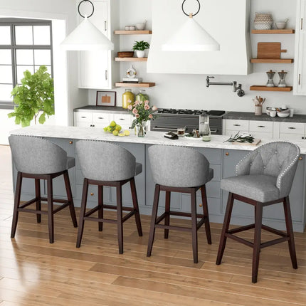 Set of 2 Swivel Bar Stools with Rubber Wood Legs and Padded Back-Gray - Gray - Bar Stools