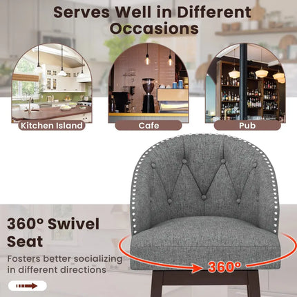 Set of 2 Swivel Bar Stools with Rubber Wood Legs and Padded Back-Gray - Gray - Bar Stools